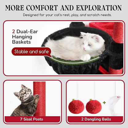 Globlazer Gothic Heavy Duty Cat Tree, 74in Sturdy Goth Cat Tower for Large Cats Adult Big Cat Tree with 7 Scratching Posts, 2 Padded Spacious Condos, 2 Hanging Baskets, Enlarged Perch, S74, Red Black