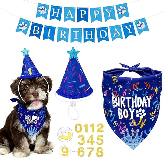 Dog Birthday Party Decorations, Adjustable Dog Bandana Set with Hat, Numbers, Banner for Pet Party Supplies Festive Accessories Large Medium Small Pet Puppy Dogs, Blue