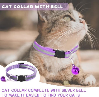 6-Pack Reflective Cat Collars with Bell – Breakaway Safety Nylon Kitten Collars, Adjustable Pet Collars with Charming Bells, Mixed Colors in one Package.