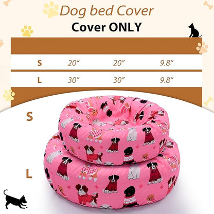 Round Replacement Dog Bed Covers Elastic Edged Washable Pet Bed Protector with Pink Dog Pattern Design for Small & Medium Pet Beds, Cover Only (Pink, 30 x 9.8 Inch)