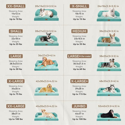 Orthopedic Washable Large Dog Bed, Dog Beds with Removable Cover, Large X XL Pet with Bolster, Washable Aqua Blue Sofa with Orthopedic Egg Foam for Medium Large Dogs