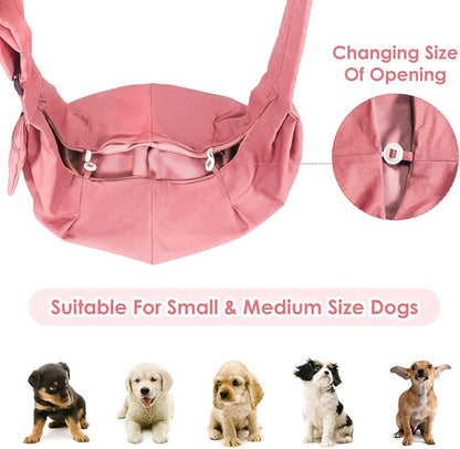 SlowTon Dog Carrier Sling - Thick Padded Shoulder Strap Adjustable Dog Carriers for Small Dogs, Puppy Carrier Purse for Pet Cat with Front Zipper Pocket Safety Belt Machine Washable (Pink M)