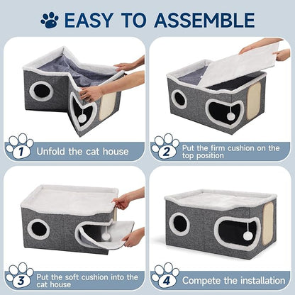 Shikha Cat Beds for Indoor Cats, Extra Wide Cat Cube House for Multi Cats, Foldable Cat Cave Hideaway with Arc-Edge Design & Oval Door, Reversible Cushion for All Seasons, 24"L x 17.7"D x 12.6"H, Grey