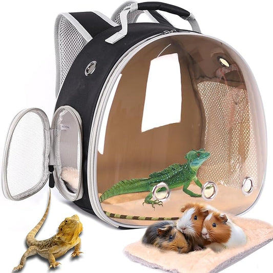 Bearded Dragon Travel Backpack Carrier with Porlarized Bubble Window for Small Animal,with Soft Warm Mat Set,Guinea Pig Cage for 2,Reptile Bag for Lizards Gecko Hedgehog Rat Parrot Birds