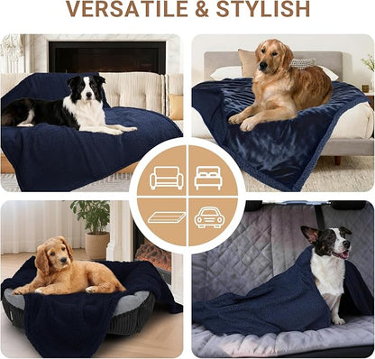 Waterproof Dog Blanket for Large Dogs - Reversible Washable Pet Blanket, Soft Sherpa Fleece Furniture Protector, Cat Throw Bed Couch, Navy, 60"x80"