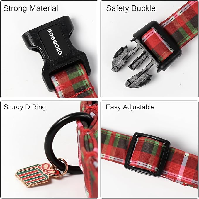 DOGWONG Christmas Plaid Dog Collar, Cute Adjustable Red Collar for Boy and Girl Dogs, Dog Collar with Strong Plastic Buckle for Small Medium Large Dogs,M