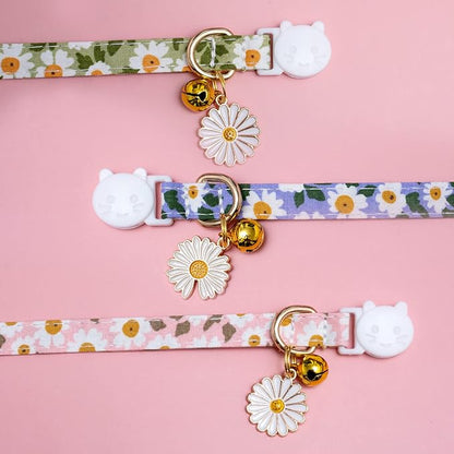 Faygarsle 3 Pack Cotton Safe Breakaway Cat Collars with Bell Daisy Charm Green Blue Pink Kitty Kitten Cute Cat Collars for Girl Cats Female Cats