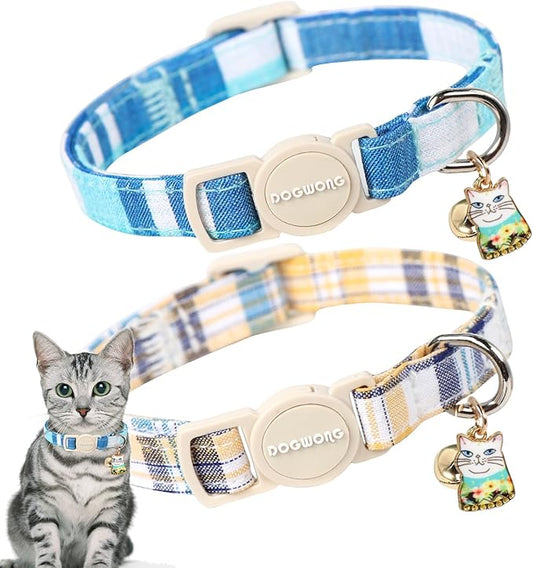 DOGWONG Cat Collar, 2 Blue Plaid Pack, Breakaway with Bell, Safety Buckle, Adjustable 7-12 Inch, Perfect Fit for Cats & Small Dogs