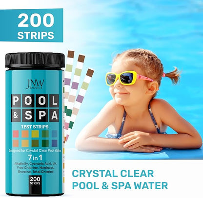Pool Test Strips 7-in-1, 200 Quick and Accurate Pool and Hot Tub Test Strips - Pool Water Testing Kit for Chlorine, Bromine, pH, Hardness, More - All in 1 Swimming Pool Test Strips by JNW