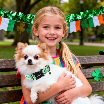 DOGWONG St Patrick's Day Dog Collar-Cute Green Clovers Dog Collar, Adjustable Cotton Shamrock Pet Collar Trefoil Puppy Collars with Quick Release Buckle,L
