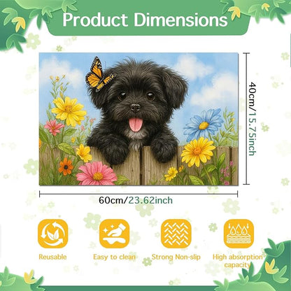 Spring Pet Feeding Mat 24" x 16"Puppy and Butterfly Floral Garden Design Non Slip Cat and Dog Bowl Mat Easy Clean Pet Food Mat Pet Placemat for Dog and Cat Feeding Area Kitchen Floor Decor