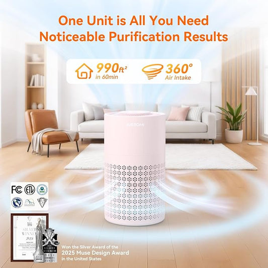 AIRROMI Air Purifier for Bedroom with HEPA 3-in-1 Filter, Pet Air Purifier for Home Cat Pee Smell, Covers Upto 990 Ft², Quiet 360° intake Air Cleaner for pet hair,allergies,Dust,Smoke A2001 Pink