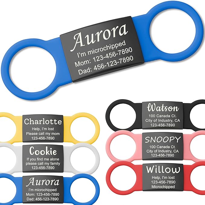 Anavia Slide On Silent Pet ID Tags, S/M/L/XL Personalized Black Stainless Steel Colored Silicone Cat Dog Name Tag, Customized Engraved Nameplate, Quiet Chew-Proof Pet Collar Tag (Blue, Medium)