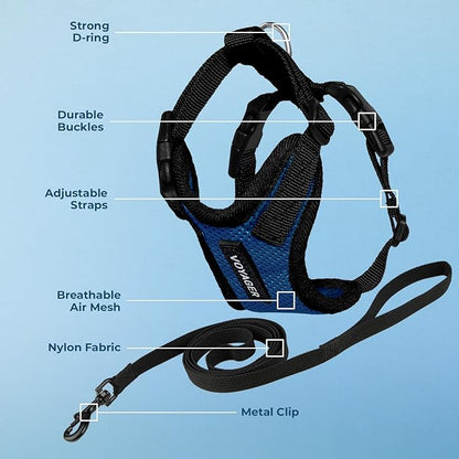 Voyager Escape-Proof Step-in Lock Cat Harness & 5ft Neoprene-Handle Leash Set All-Weather Mesh with Reflective Stitching for Small to Large Cats by Best Pet Supplies, Royal Blue/Black Trim, XXS