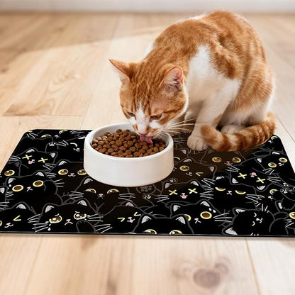 Cat Food Mat for Pet Dog Food Mat, Black Cat Absorbent Quick Dry Dog Bowl Mats for Food and Water, Non-Slip Cat Pet Feeding Mats for Floor Placemats 12"x20"