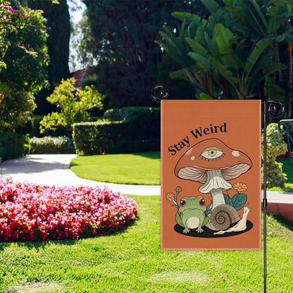Stay Weird Garden Flag, Funny Frog Mushrooms Summer Yard Flag for Outside, Double Sided Yard Outdoor Farmhouse Lawn Porch Garden Banner, Housewarming Gifts for Frog Lover Friend Family Neighbor