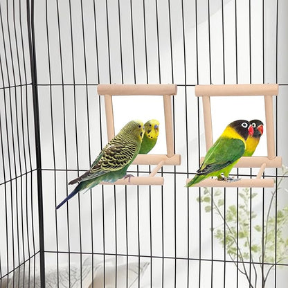 Wontee Bird Mirror Bird Toys for Budgies Parakeets Cockatiels Lovebirds Conures (2pcs-Wood Color)