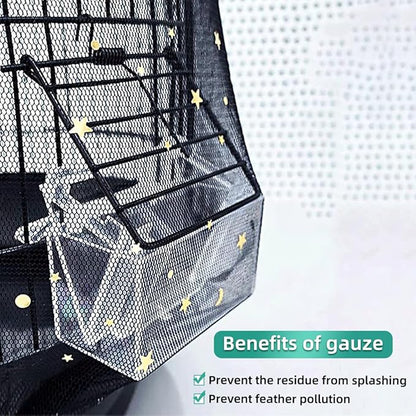 Bird Cage Seed Catcher, Seed Catcher Guard Net Cover, Parrot Nylon Mesh Net Cover, Universal Soft Airy Cage Net Stretchy Skirt for Round Square Cages (Star-Black, 15.7" x87")