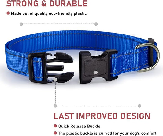 Reflective Dog Collar with Buckle Adjustable Safety Nylon Collars for Small Medium Large Dogs, Navy Blue L