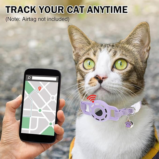 Airtag Cat Collar Breakaway, Stretchy Cat Tracker Collar with Apple Air Tag Holder for Boy Girl Cats, Elastic GPS Tracking Collars for Kittens and Puppies, Adjustable 9"-12" Purple