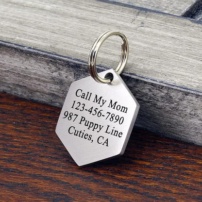 Ultra Joys Stainless Steel Pet ID Tag Dog Name Tags Personalized Front and Back Engraving, Customized Dog Tags and Cat Tags, Optional Engraved on Both Sides, Hexagon Tag Vine Design, Silver Large