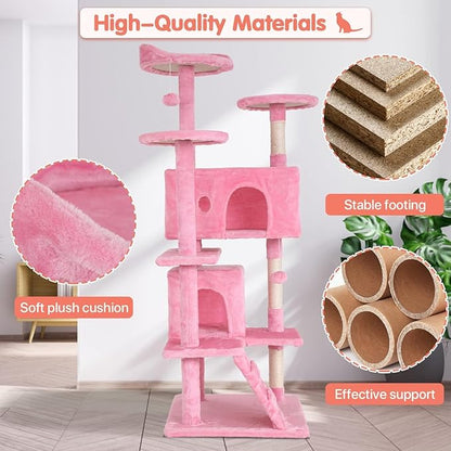 54in Cat Tree Cat Climbing Tower with Scratching Post, Cats House Perch Kitten Tree Condo Wood Playhouse, Pet Trees Tower for Indoor Cats, Pink