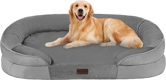 Dwanton Orthopedic Dog Bed for Large Dogs with Gel Memory Foam, Waterproof Dog Sofa, Washable Pet Bed with Four Sided Bolster Cushion, Removable Cover & Non-Slip Bottom, 42", Medium Gray