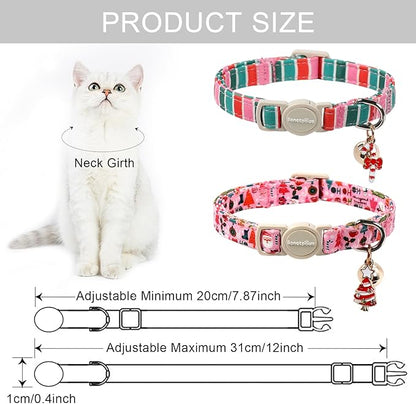 Lionet Paws 2pcs Pack Christmas Cat Collar,Ho Christmas Tree & Pink Stripes Cat Kitten Collars with Breakaway Buckle,Ideal for Girl Cats