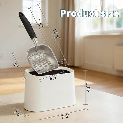 Heavy-Duty Cat Litter Scoop with Holder, Metal Cat Scooper and Detachable Trash Can,Aluminum Kitty Poop Shovel Captures All Clumps,Speed Sifter Litter Box Scooper and Caddy with Lid(White)