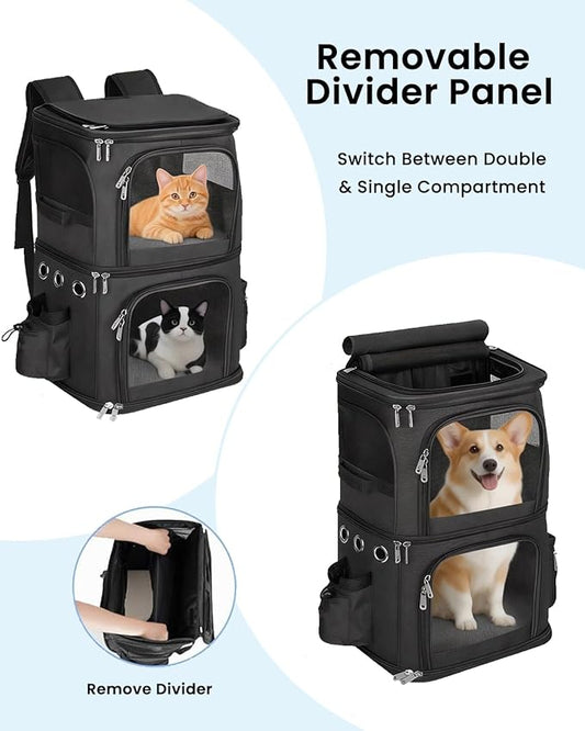 Double-Compartment Pet Carrier Backpack for 2 Cats or Small Dogs, Dual Travel Dog Cat Carrier wih Breathable Mesh Windows, Fits Pets up to 20 lbs, Perfect for Traveling/Hiking/Camping, Black