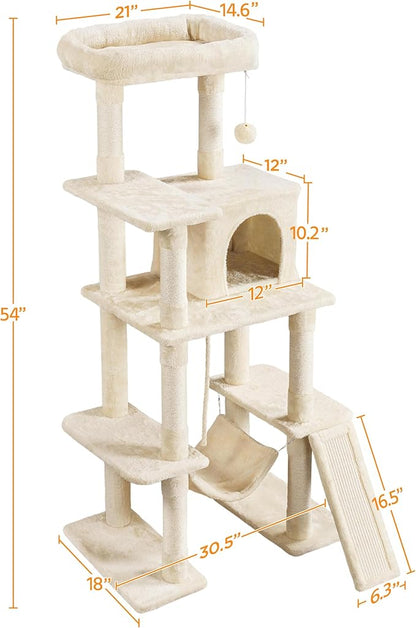 Yaheetech 54in Sturdy Cat Tree for Large Cats, Multi-Level Kitten Condo with Scratching Posts, Hammock & Top Perch, Indoor Pet Furniture for Kitties to Play, Climb, Scratch & Sleep, Beige