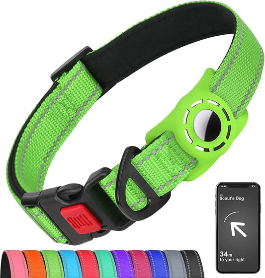 Airtag Dog Collar with AirTag Holder for Large Dogs, Reflective, Soft Padded & Safety Locking Buckle, Nylon Pet Collars Adjustable for All Breeds, Green,XL