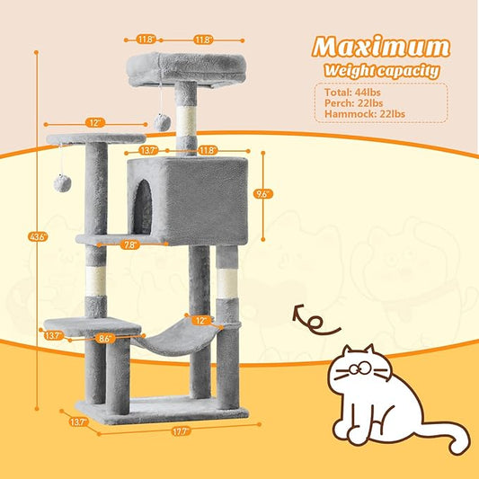 Cat Tree Tower 44 Inch, Small Cat Tower with Condo, Hammock, Sisal Scratching Posts, Extended Perch, Pet Play House for Indoor Kittens and Cats, Light Grey