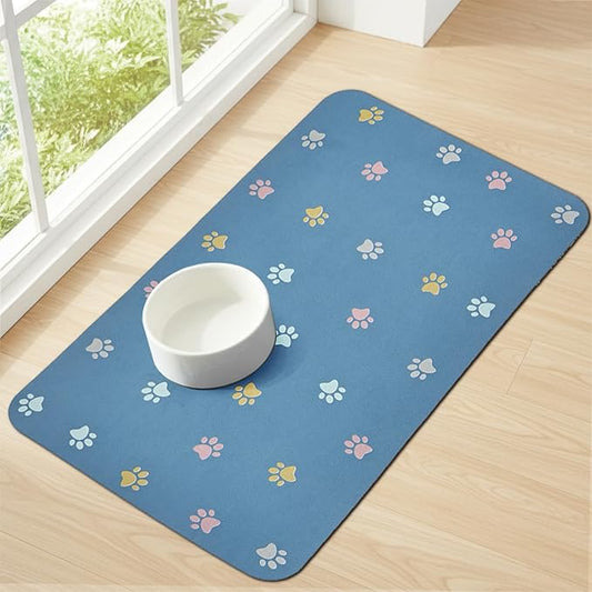 Pet Feeding Mat Absorbent Dog Mat for Food and Water Non Slip Quick Dry Dog Bowl Mats for Floors 27" X 17" Paw Lake Blue