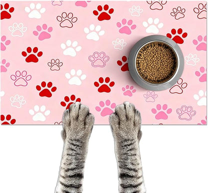 Puppy Paw Print Pet Feeding Mat 24x16 Inch Cute Pet Feeding Area Mat Pet Food Mat Pet Mats for Food and Water Dog Mat for Food and Water Indoor Feeding Corner Kitchen Floor Decor
