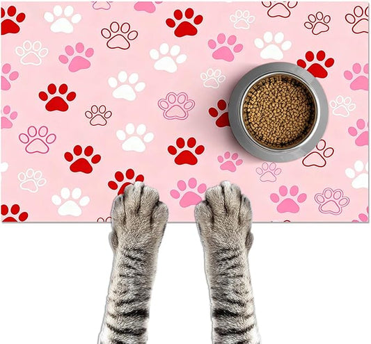 Puppy Paw Print Pet Feeding Mat 24x16 Inch Cute Pet Feeding Area Mat Pet Food Mat Pet Mats for Food and Water Dog Mat for Food and Water Indoor Feeding Corner Kitchen Floor Decor
