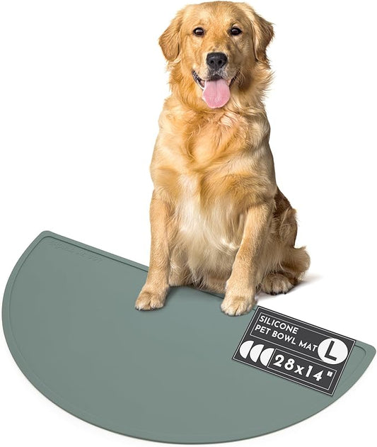Should We Go - Waterproof Silicone Pet Food Mat - Non-Slip, Spill-Proof Feeding Mat for Floors, Raised Edge Design, Easy-to-Clean, Rubber Pad for Dog & Cat Bowls, 28" Across x 14" Deep, Large-Spruce