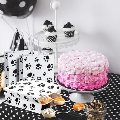 Blulu 20 Pcs Puppy Dog Paw Gift Bags with Paper Twist Handles, Dog Gift Paper Paw Treat Goodie Bags for PET Treat Party Favor, 6.3 x 3.1 x 8.6 Inch(White Backing)