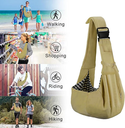 PETLOFT Reversible Dog Cat Sling Carrier, Small Dog Carrier, Adjustable Dog Sling, Hands Free Cross Body Carrier with Collar Hook for Dog/Cat/Bunny up to 11lb(Khaki)
