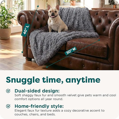Furhaven Waterproof Throw Blanket for Dogs & Indoor Cats, Washable - Shaggy Plush Calming Long Faux Fur & Velvet Dog Blanket - Gray, Medium