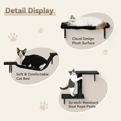 6-in-1 Cat Wall Shelves, Wall-Mounted Cat Furniture for Indoor Kittens, Modern Floating Shelves with Scratching Posts, Bed, Perch, Bridge, Condo, Steps and Scratcher, Space-Saving Gym, Black