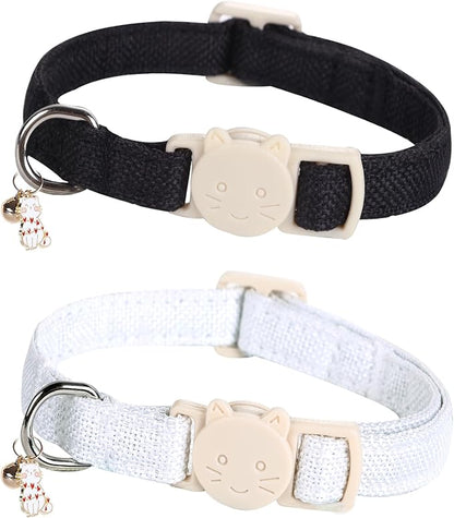 Cat Collar-2 Pack Cat Collar Black and White Linnet with Kitten and Bell Pendant Safety Buckle Adjustable Pet Collar Suitable for Cats Gift to Cats and Small Pets