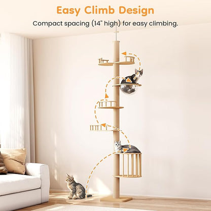 Floor to Ceiling Cat Tree Tower with Adjustable Height(98-106 Inches), Climbing Tower with Thickened Scratching Posts, Cats Activity Center with Cozy Hammock & Capsule
