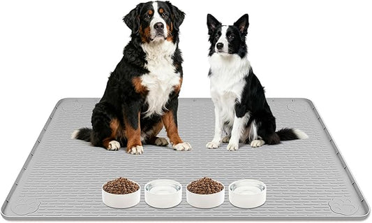 Lanstics Dog Food Mat, 40" x 28" Large Silicone Mat Dog Feeding Mat with Raised Edge Non-Slip Pet Feeding Mat for Food and Water Bowl, Easy to Clean, Floor Protection (Gray)