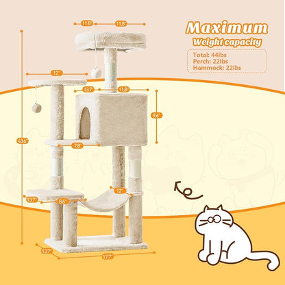 DUMOS Small 44 Inch Cat Tree Tower, Cat Climbing Tower with Natural Sisal Scratching Posts, Hammock, Pet Condo for Indoor Cats and Kittens Play, Beige