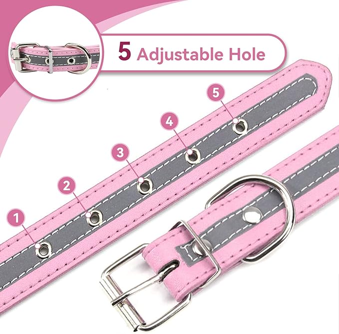 PETCARE Reflective Dog Collar with Cute Paw Rivet Studded Funny Soft PU Leather Adjustable Puppy Dog Collars for Small Medium Large Dogs Cats (Pink,Large)