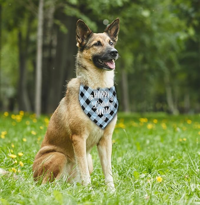 Dog Bandana for Happy Birthday Mom - Classical Plaid Printing Scarf Accessories, Pet Gift for Mom's Birthday Party (L16)