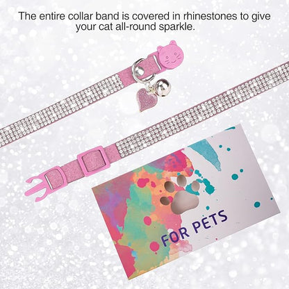 Rhinestone Cat Collar Breakaway with Bell, Diamond Cat Collar with Safety Buckle Quick Release for Girl Boy Kitten Pets Puppy,Cute Soft Female Male Cat Collars,Valentine's Day Pink 8-12"