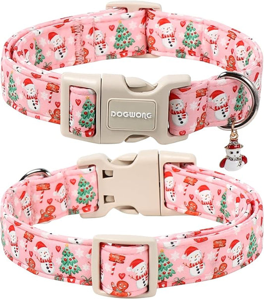 DOGWONG Christmas Dog Collar- Cute Pink Snowman Dog Collars, Adjustable Christmas Pet Collars Puppy Collar with Quick Release Buckle for Girl&Boy Dogs