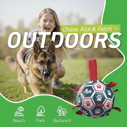 QDAN Extra Large Soccer Ball with Straps, Interactive Dog Toys for Tug of War, Puppy Birthday & Water Toy, Large Dog Balls - Blue & Red (9 Inch)